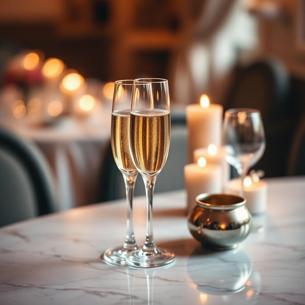 Elegant champagne flutes in candlelit setting