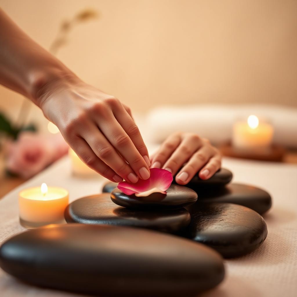 Soothing massage with candles and rose petals