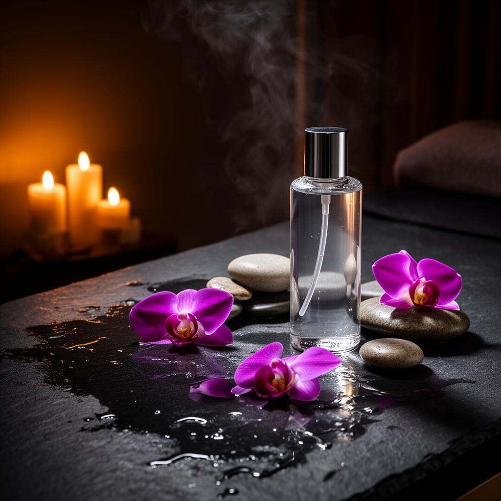 Nuru massage setup with gel, orchids, and warm candlelight